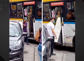 Frames de vídeo da confusão em rua do Rio de Janeiro, onde passageiro tentou embarcar com uma geladeira e foi impedido pelo motorista -  (crédito: Reprodução/Dailymotion)