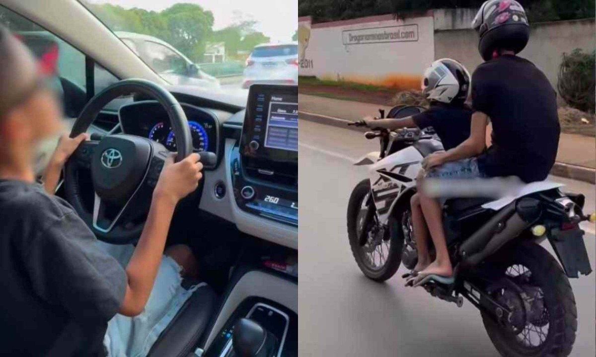 Nas imagens, o menino aparece no banco do motorista de um carro dirigindo em uma via movimentada de Montes Claros -  (crédito: Redes Sociais / Reprodução)