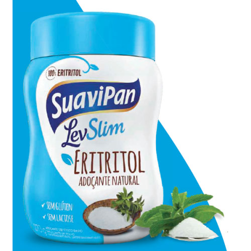 O eritritol é um adoçante natural que tem a mesma origem do xilitol, mas contém apenas 0,2 caloria por grama, sendo um adoçante recomendado pela OMS.