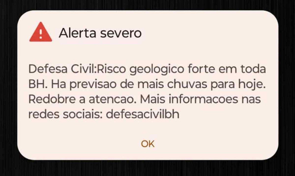 Alerta severo foi emitido nos celulares da capital mineira nesta segunda -  (crédito: Imagem cedida ao Estado de Minas)
