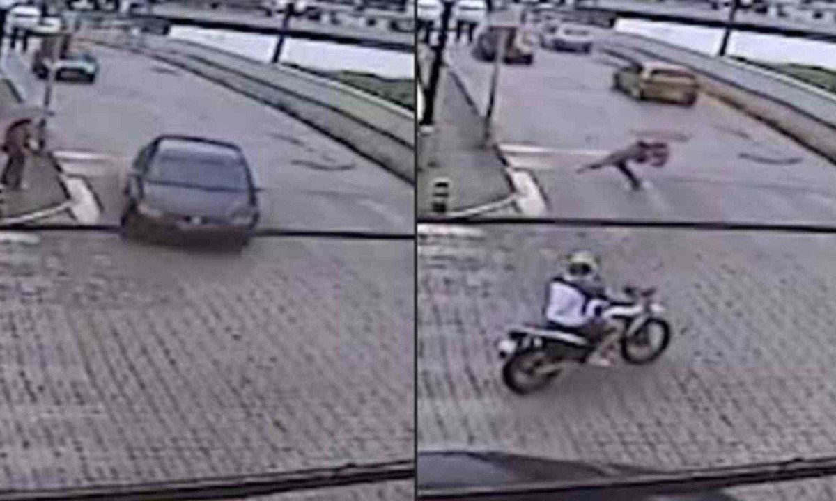 Câmeras de segurança flagraram o momento em que uma corda se solta de uma caminhonete, enrosca no pé de uma mulher e a arrasta por rua em Minas -  (crédito: Reprodução/Câmeras de segurança)
