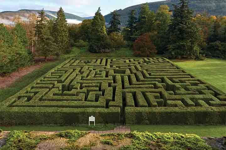 O Labirinto de Traquair House está situado nas traseiras da casa onde originalmente foi construído um jardim do século XVIII na Escócia. As paredes do terraço proporcionam um ponto de vista do circuito projetado por um artesão de Traquair, John Schofield. O labirinto tem um layout intrigante, sem becos sem saída.