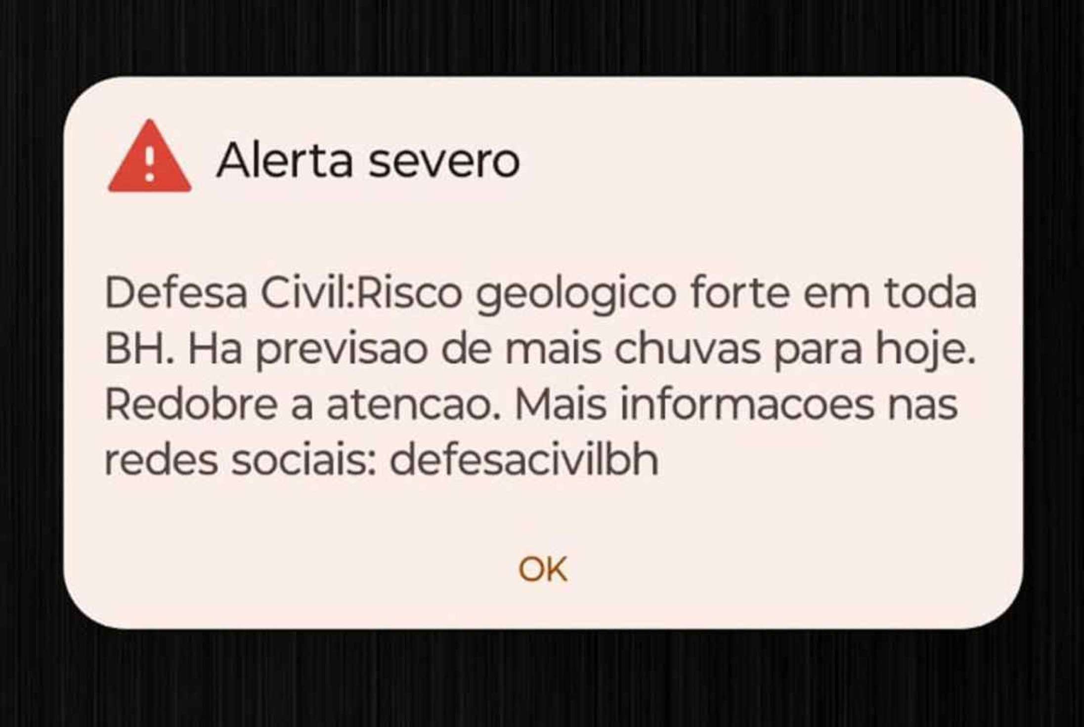 Defesa Civil dispara alerta de risco geológico forte para BH