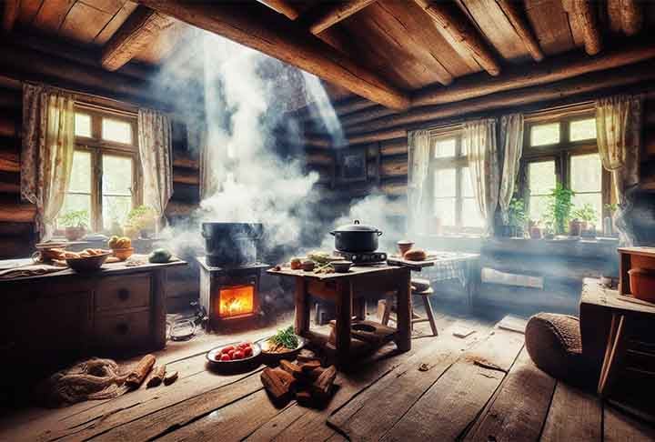 Antes da invenção da chaminé, o fogo era feito no meio de uma sala e a fumaça escapava através de buracos no telhado ou janelas. Esse método era comum em construções como as cabanas primitivas.