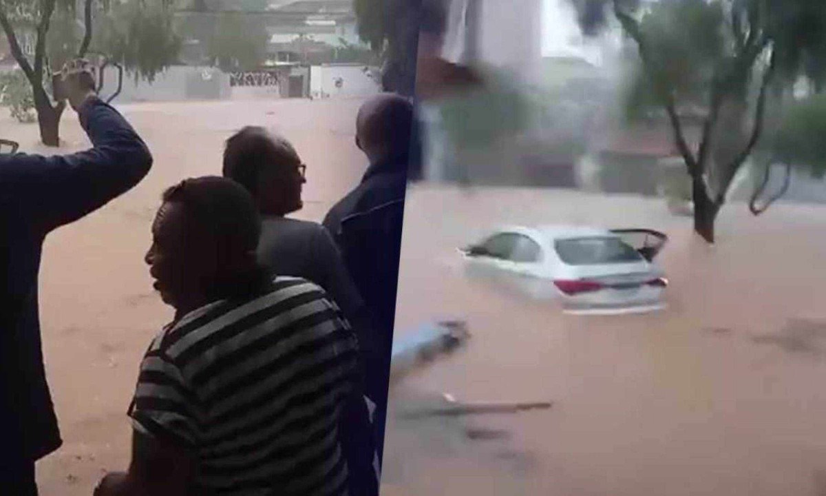  O Córrego Sarandi transbordou e alagou a Avenida Dilson de Oliveira, em Contagem -  (crédito: Redes Sociais)