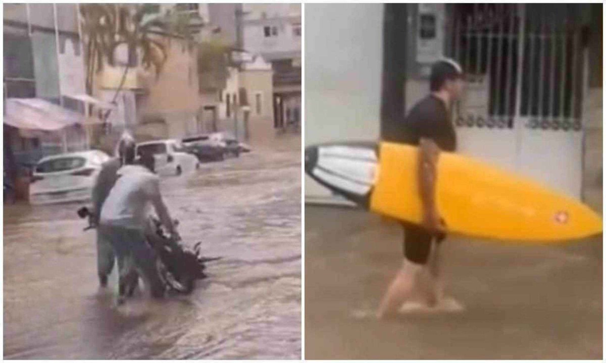 Nas imagens, o homem, deitado sobre a prancha na água, se levanta e anda pelo local -  (crédito: Redes sociais/Reprodução)