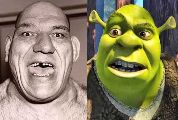 Maurice Tillet  (foto) foi a inspiração visual para a composição do personagem grandalhão e de feições brutas. Os produtores estudaram fotos e vídeos dele para criar a aparência de Shrek. 