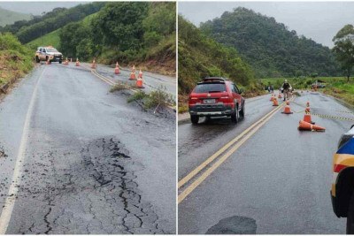 Rodovia MGC-383 é uma das totalmente interditadas, na altura do município de Maria da Fé, no Sul de Minas Gerais -  (crédito: Polícia Militar Rodoviária )