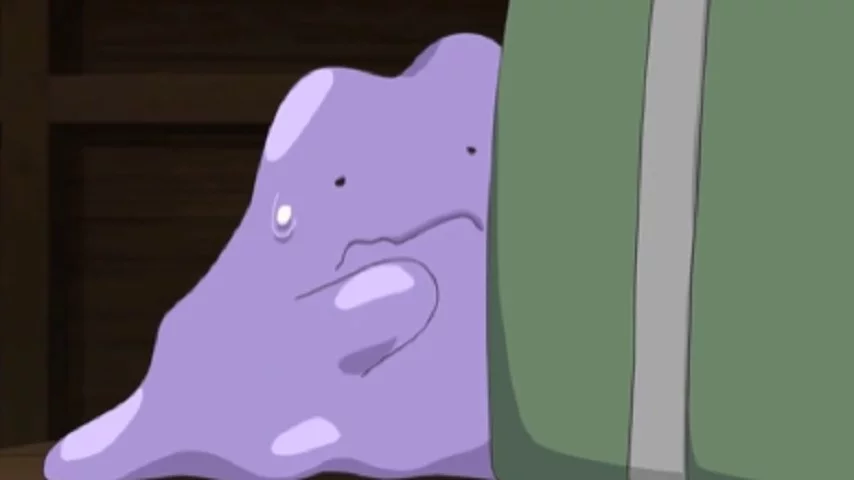 Personagem: Ditto, anime: Pokémon - Ele é um Pokémon muito medroso e na dele, porém se analisarmos bem veremos que ele é um ser único no anime, já que ele pode reproduzir qualquer outro Pokémon, incluindo suas habilidades e força. 