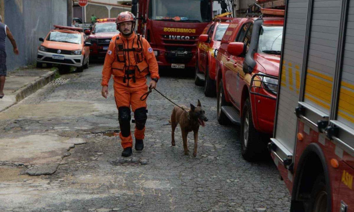 Cabo Thiago Chaves guia um dos cães utilizados nas buscas pelas vítimas do desabamento de uma casa neste sábado (28/12) -  (crédito: Túlio Santos/EM/D.A Press)