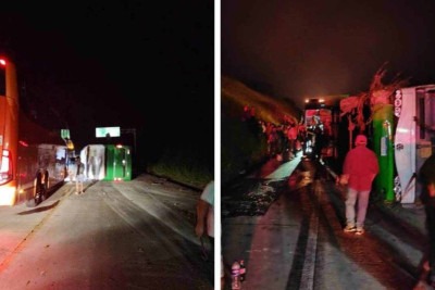 Ônibus tombou na pista e deixou a BR-381 fechada por cerca de sete horas -  (crédito: Redes Sociais)