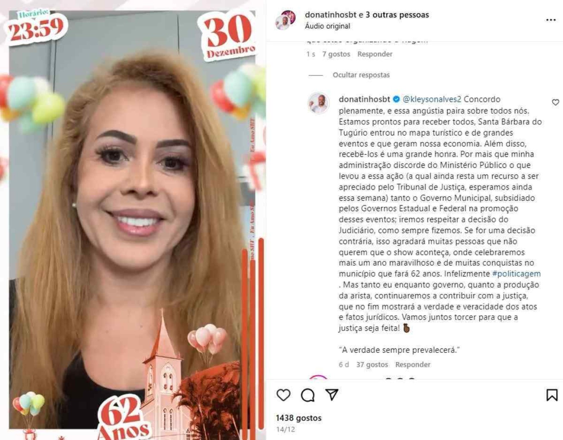 Prefeito de Santa Bárbara do Tugúrio responde fã de Joelma no Instagram