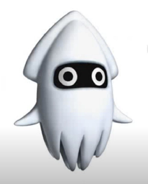 Nome do personagem: Blooper - Esse ser é uma espécie de lula branca que vivem no oceano e aparecem em fases aquáticas do jogo. A função delas é perseguir o personagem principal Mario por todo canto com alcance possível.