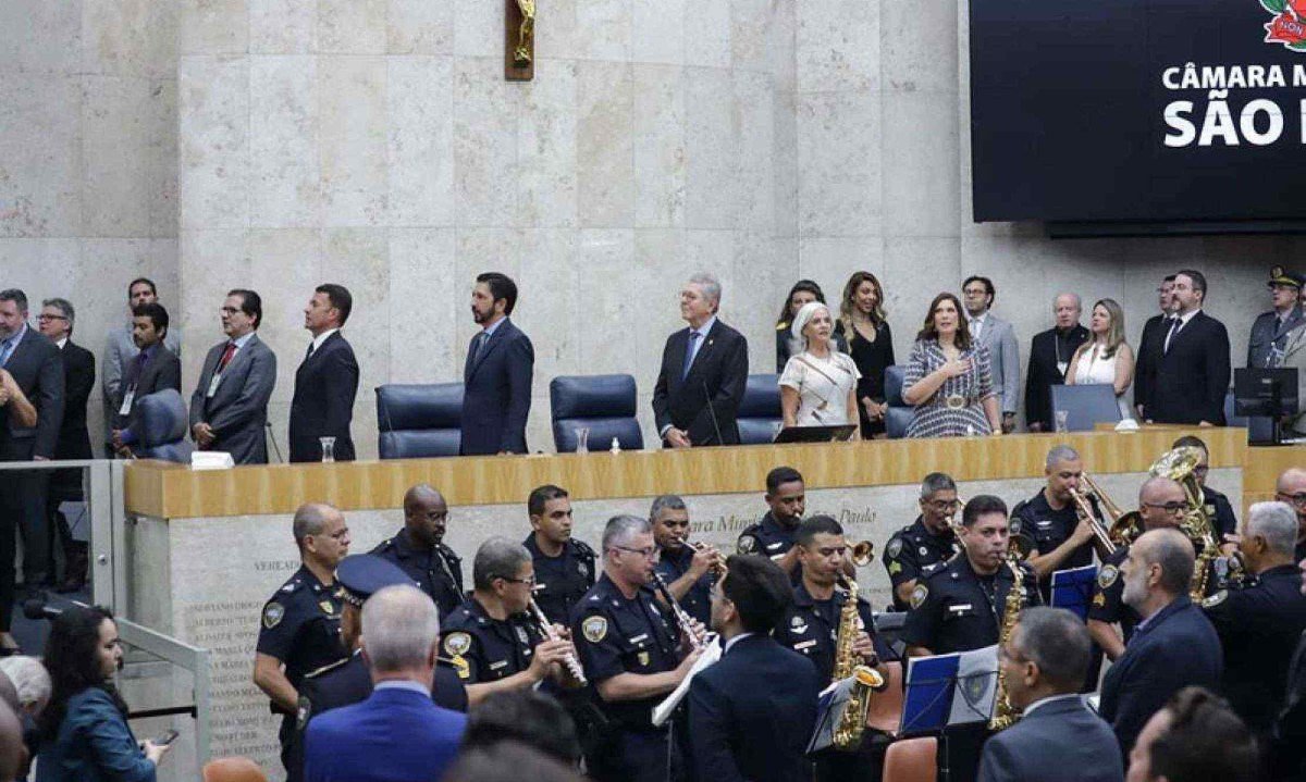 Posse do prefeito de SÃ£o Paulo, Ricardo Nunes, e dos 55 vereadores eleitos atÃ© 2028 -  (crédito: TV CAMARA/DivulgaÃ§Ã£o)