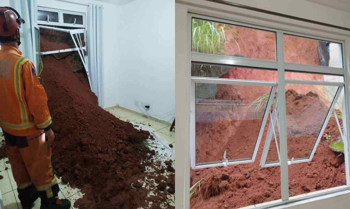 A terra do talude avançou para dentro de apartamentos do edifício -  (crédito: Corpo de Bombeiros Militar de Minas Gerais)