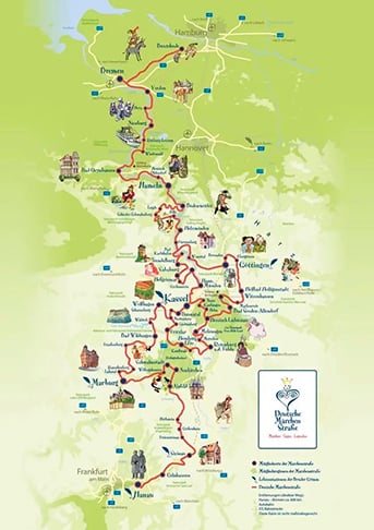 A Rota dos Contos de Fadas tem 600 km desde Hanau, onde eles nasceram, até Bremen, ando por várias cidades, onde há atrações como museus e encenações de contos. Entre eles, 