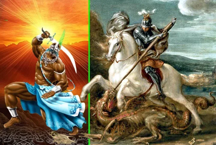 Ogum e São Jorge: São duas divindades que estão associadas à guerra, à proteção e à força. Ogum é um orixá do Candomblé e da Umbanda, e é o orixá da guerra, da metalurgia, da tecnologia e dos caminhos. São Jorge é um santo católico, um dos mais populares do Brasil.