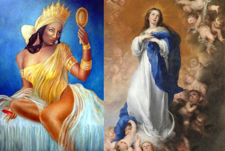 Oxum e Nossa Senhora da Conceição: Oxum é uma Orixá reverenciada como uma mãe espiritual, protetora das crianças e guardiã das águas doces. Nossa Senhora da Conceição é uma devoção católica à Maria, mãe de Jesus, e é considerada a padroeira do Brasil.