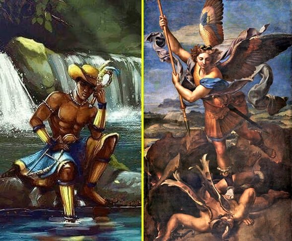 Logun Edé e São Miguel Arcanjo: Logun Edé é associado à beleza, à riqueza, à abundância e ao encanto. São Miguel Arcanjo, por sua vez, é um arcanjo da tradição cristã frequentemente considerado um líder celestial, um guerreiro e um protetor contra as forças do mal. 