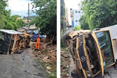 O motorista ficou preso embaixo do caminhão -  (crédito: Divulgação/Corpo de Bombeiros)