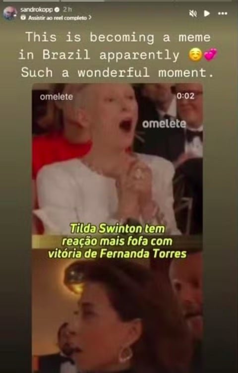 Até o marido de Swinton, Sandro Kopp, entrou na onda e republicou um vídeo do site brasileiro 