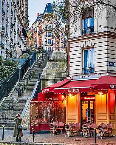 Montmartre Steps, Paris, FranÃ§a: Com cerca de 300 degraus, liga os pÃ©s ao topo da colina de Montmartre. Criada no sÃ©culo XIX, dÃ¡ acesso Ã  BasÃ­lica SacrÃ©-CÅ?ur e oferece vistas panorÃ¢micas da cidade.
