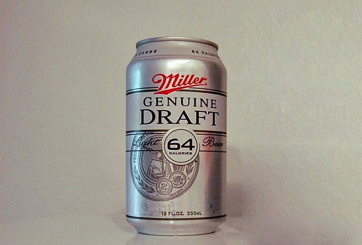 Genuine Draft 64 -  Teor alcoólico de 2,8% - 
Cerveja lager leve e refrescante com 64 calorias. Produzida pela Miller Brewing Company em Milwaukee, Wisconsin, EUA.
