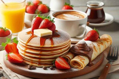 Panquecas e crepes são opções versáteis que podem ser servidas no café da manhã, almoço ou jantar, dependendo do recheio e acompanhamento. Tanto doces quanto salgados, se adaptam a diferentes momentos do dia. -  (crédito:  Imagem gerada por Inteligência artificial através do aplicativo Microsoft Designer)