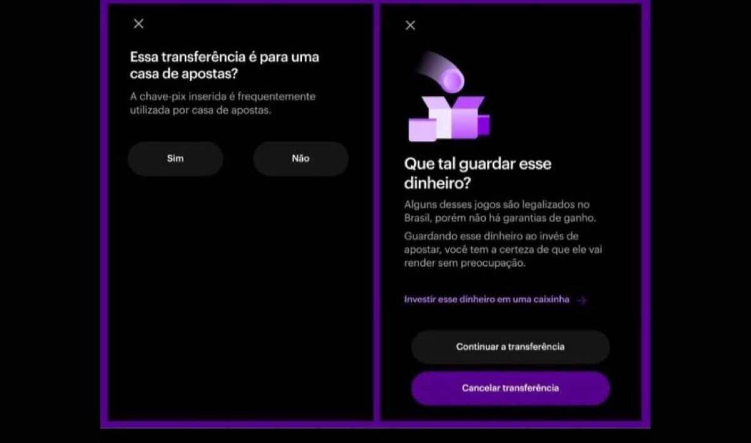 Mensagem exibida ao usuário que tenta fazer transações para site de apostas