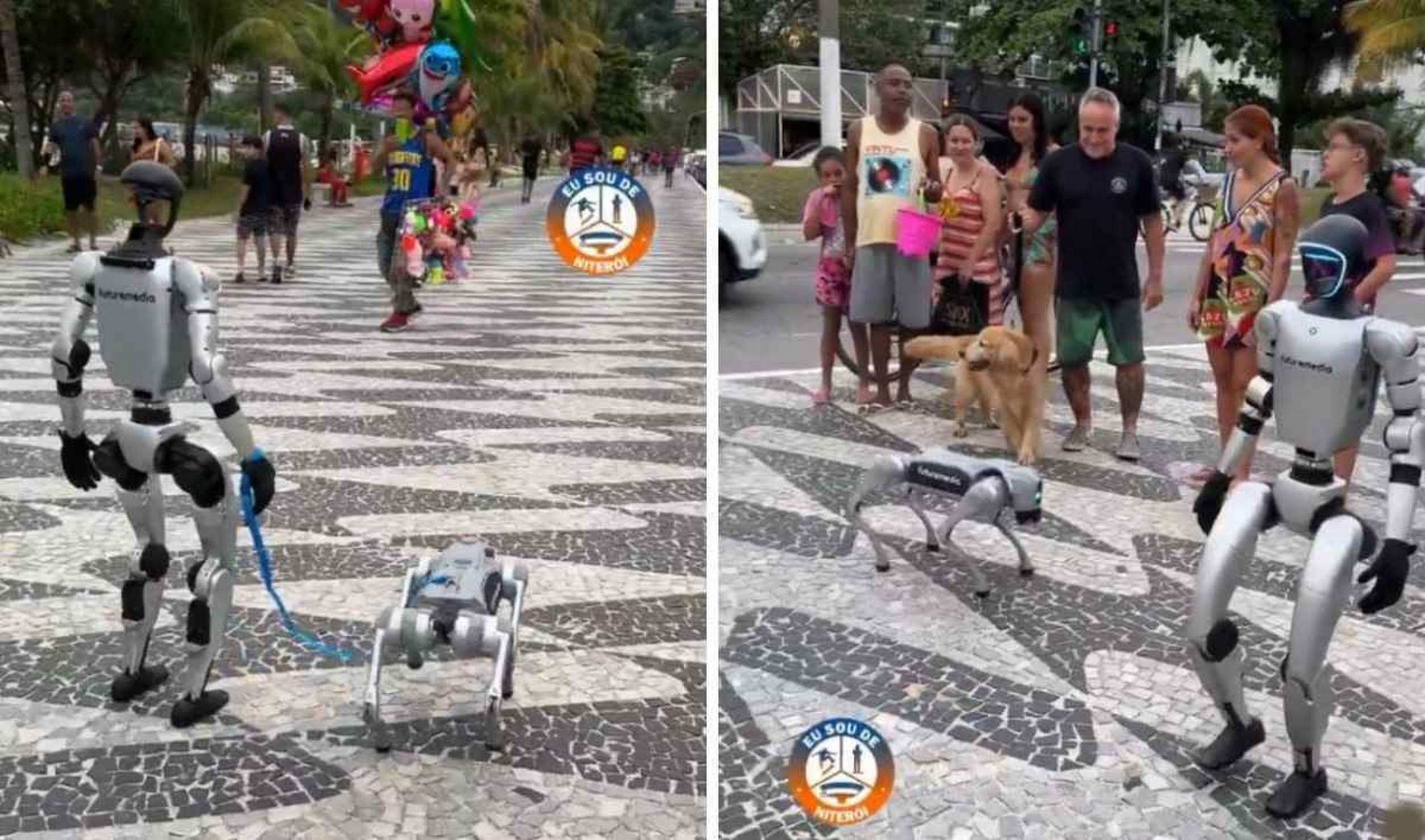 Robô 'passeia' com cachorro cibernético em calçadão de praia do Rio