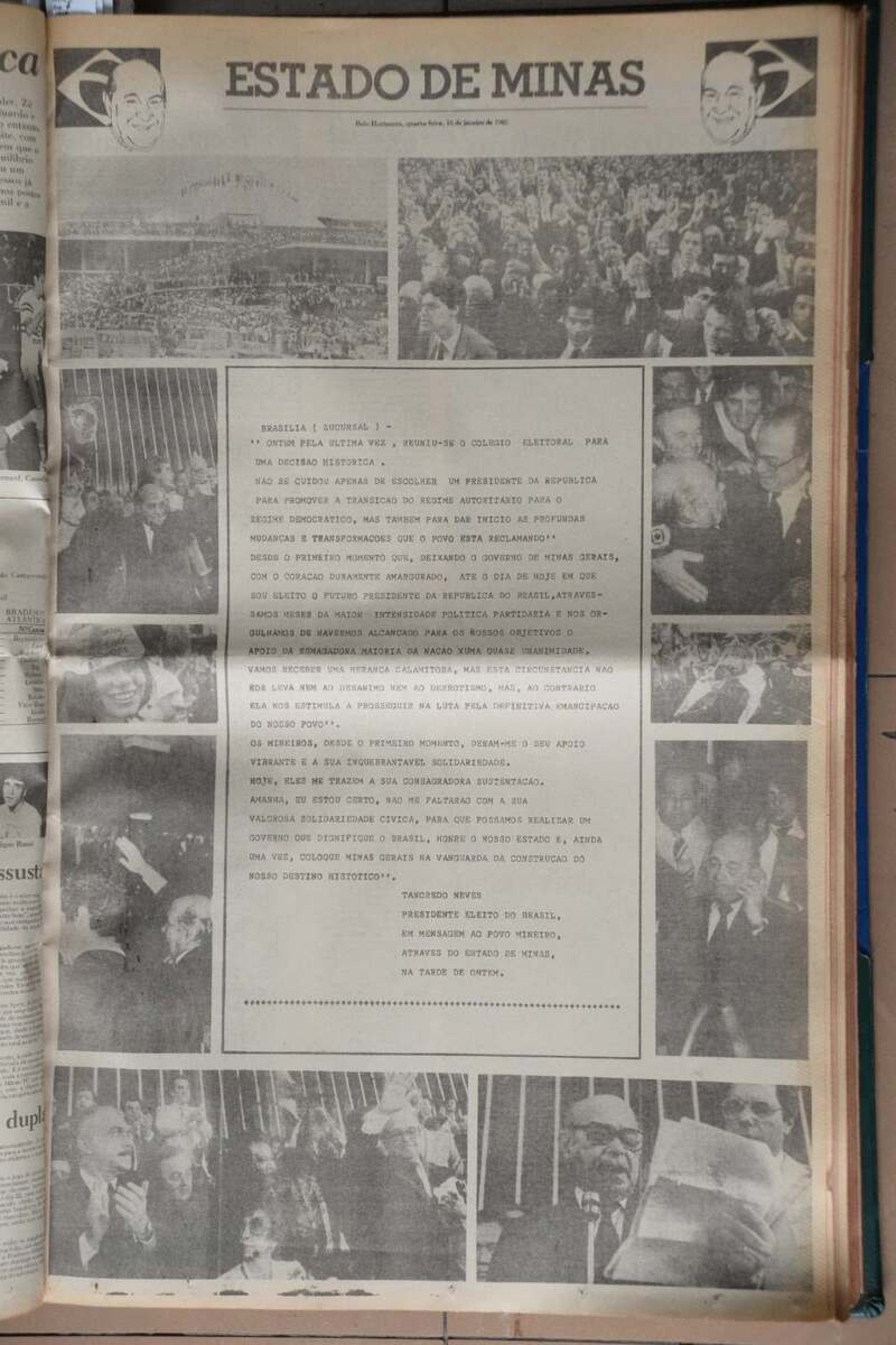 Capa EM um dia após eleição de Tancredo Neves. Mensagem especial do presidente aos mineiros