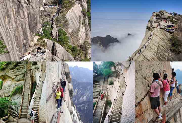 Mount Huashan Trail, China: Escadarias escavadas na montanha Huashan têm centenas de degraus, acessíveis por trilhas e plataformas de madeira. A data exata de sua construção é desconhecida, mas foi usada por monges como rota religiosa.