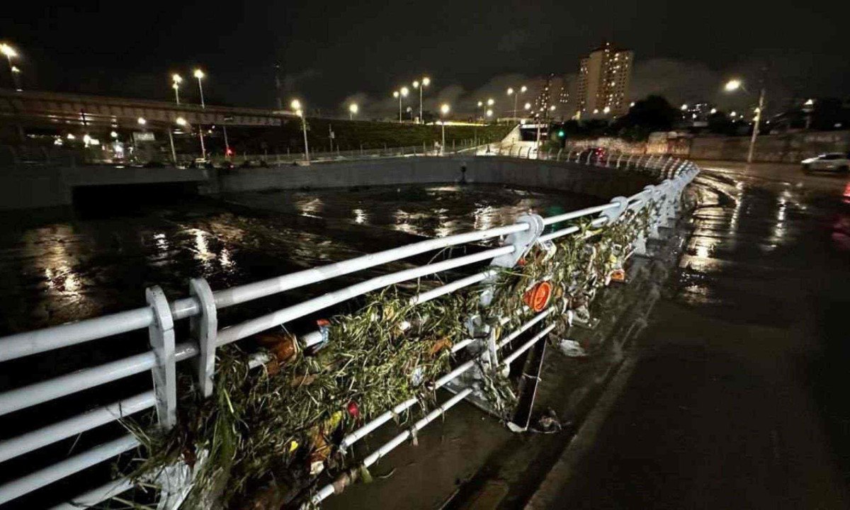 Depois do temporal, resíduos se acumularam na grade da bacia de contenção da Vilarinho -  (crédito: Ramon Lisboa / E.M / D.A Press)