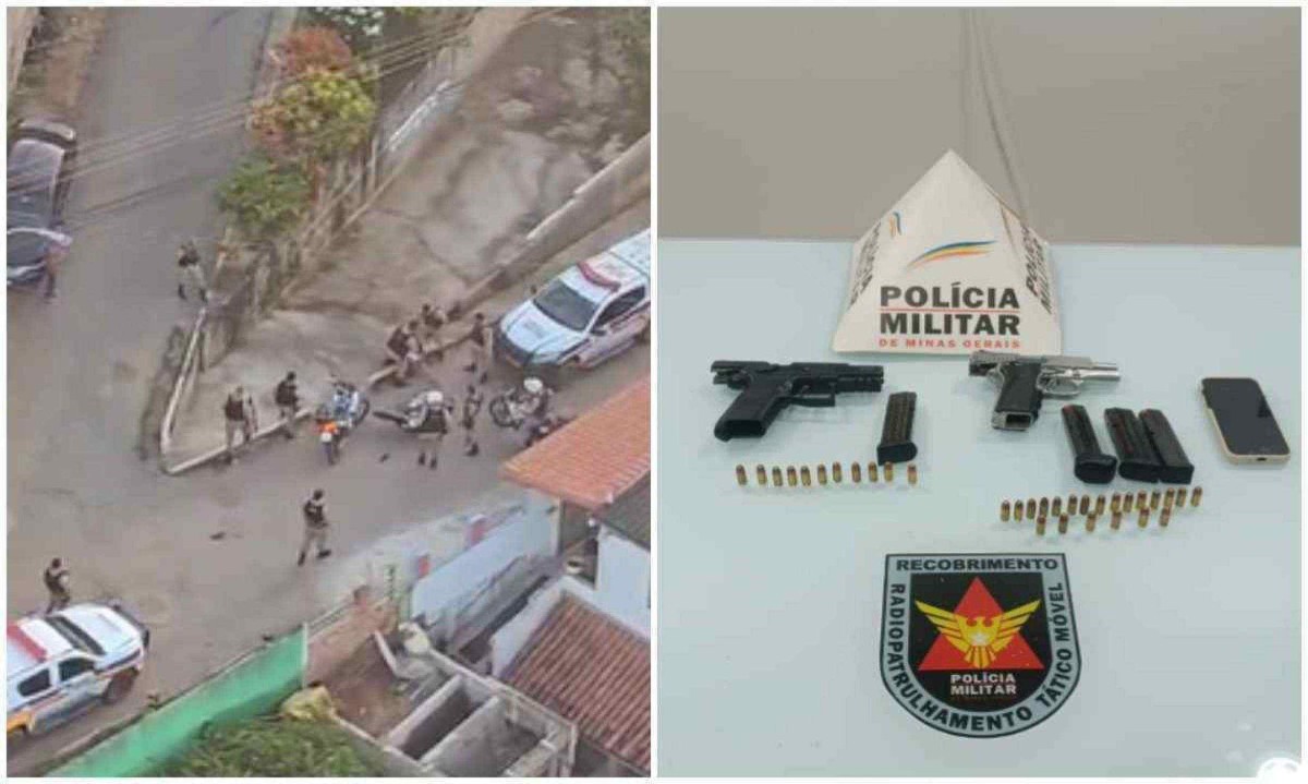 Ao ser confrontado pela PM, um dos suspeitos disse que comprou o armas por R$ 14 mil e confessou que pretendia usá-las para matar um desafeto, -  (crédito: PMMG / Reprodução)