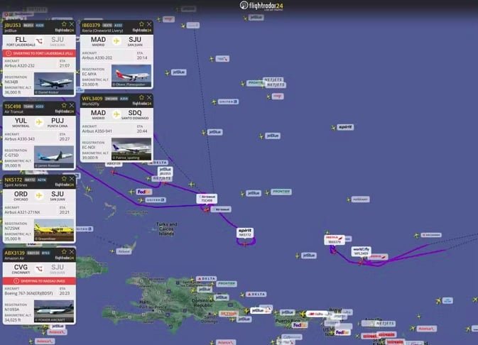 Pelo menos 20 voos comerciais precisaram ser desviados ou ter suas rotas alteradas, segundo o FlightRadar24.