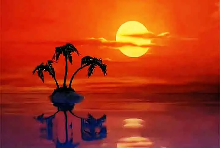 Em imagens de arquivo, é possível ver os bastidores da gravação dessa cena. Nela, a pequena ilha flutua na água da piscina, com o pôr do sol pintado à mão e fundos de céu.
