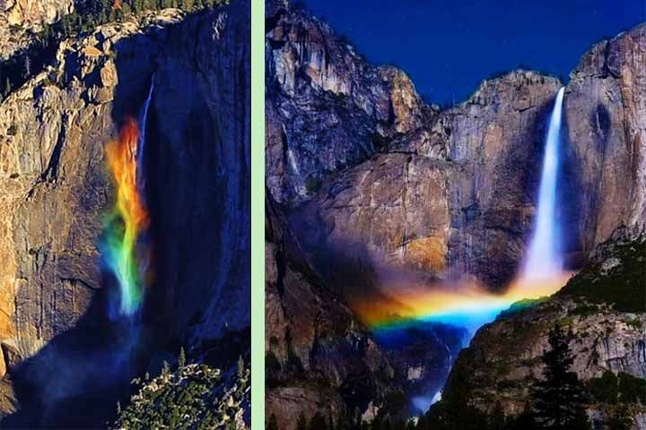 Parque Nacional de Yosemite - Cidade: Califórnia, EUA - As cachoeiras do parque, como a Bridalveil Fall, produzem uma névoa constante, especialmente durante a primavera, que, com a luz solar, frequentemente gera arco-íris espetaculares. Além disso, ocorre o fenômeno do 