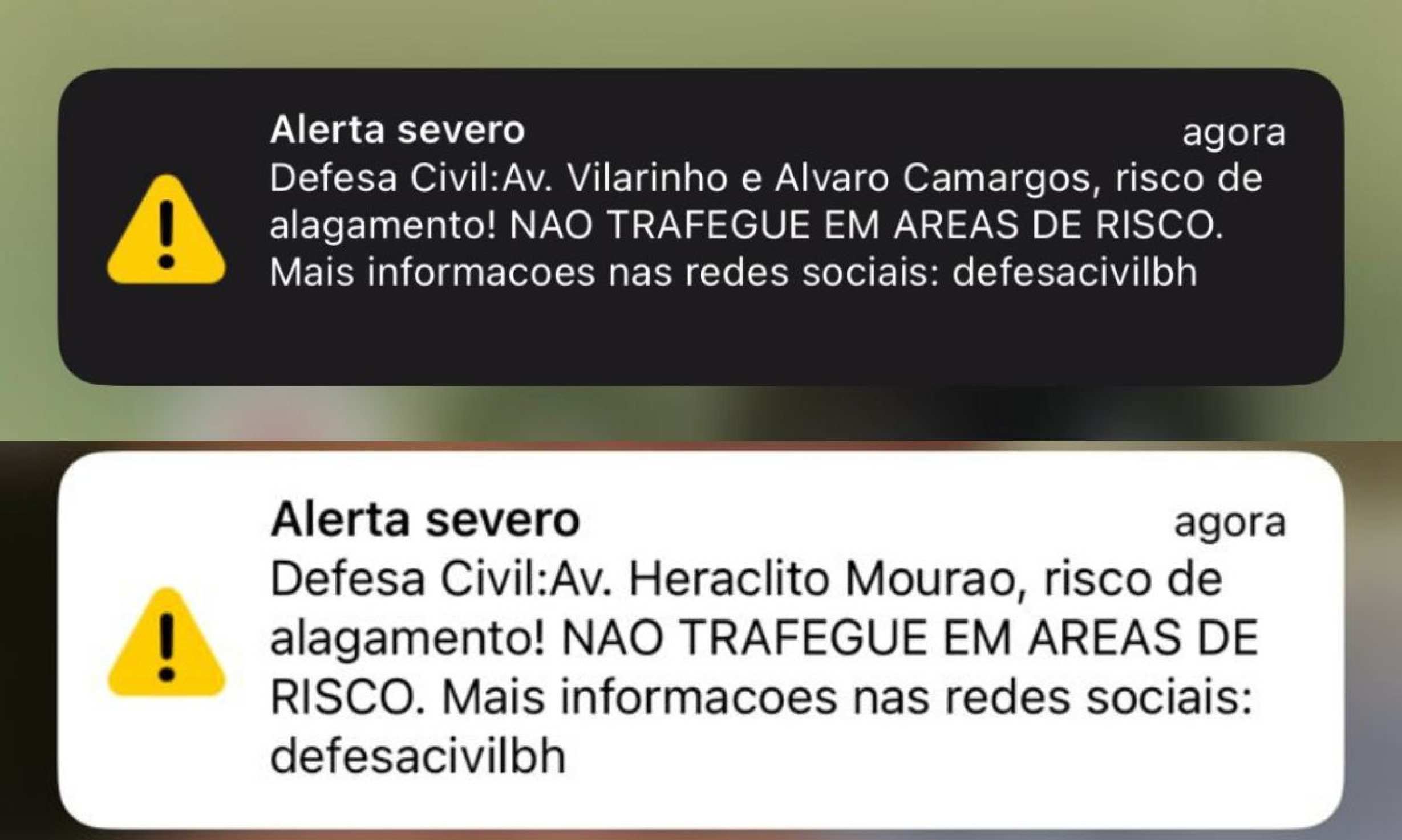 Defesa Civil emite dois alertas severos no celular de moradores de BH