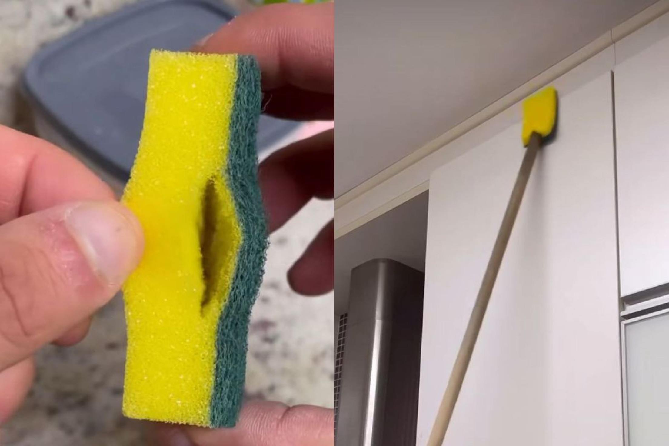 Esponja amarela sendo utilizada pelo cabo de vassoura para limpar o teto