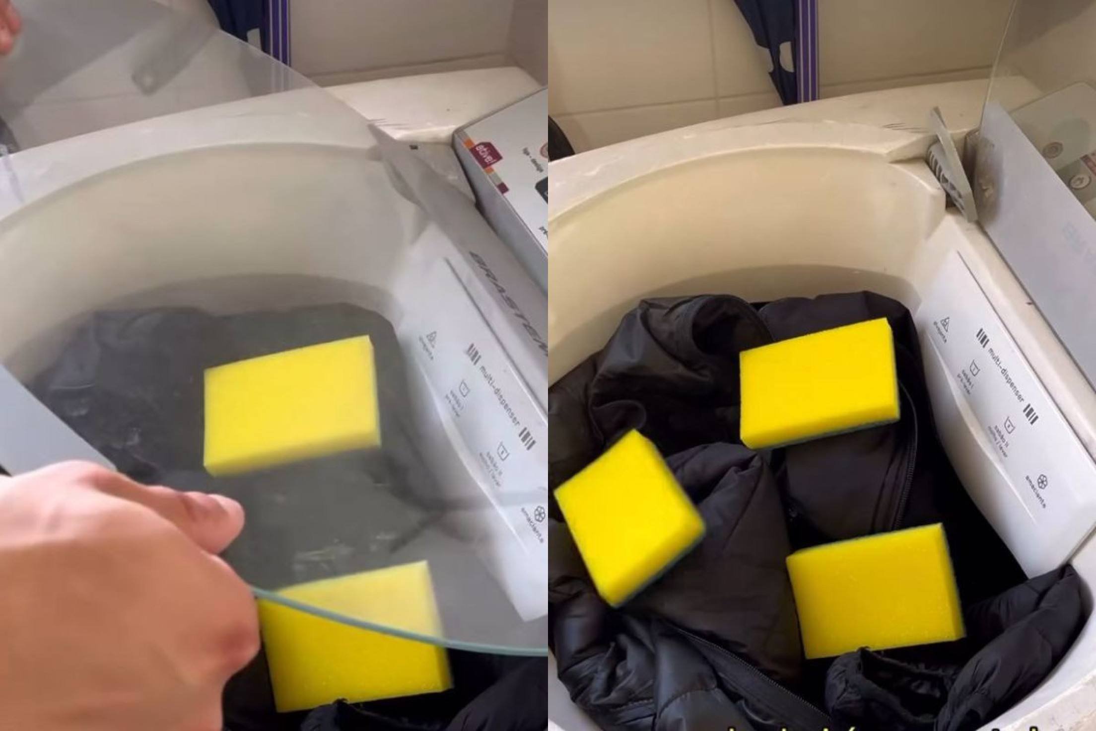 Esponjas amarelas colocadas junto com as roupas para lavar