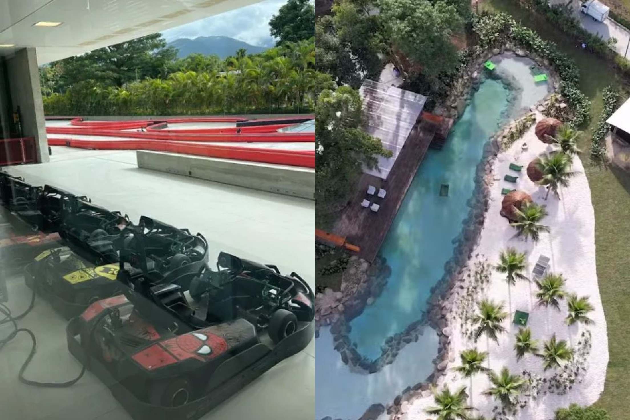 Ao lado esquerdo uma pista de kart e ao lado direito uma piscina natural, ambos os lugares em uma das mansões de Neymar em Mangaratiba 