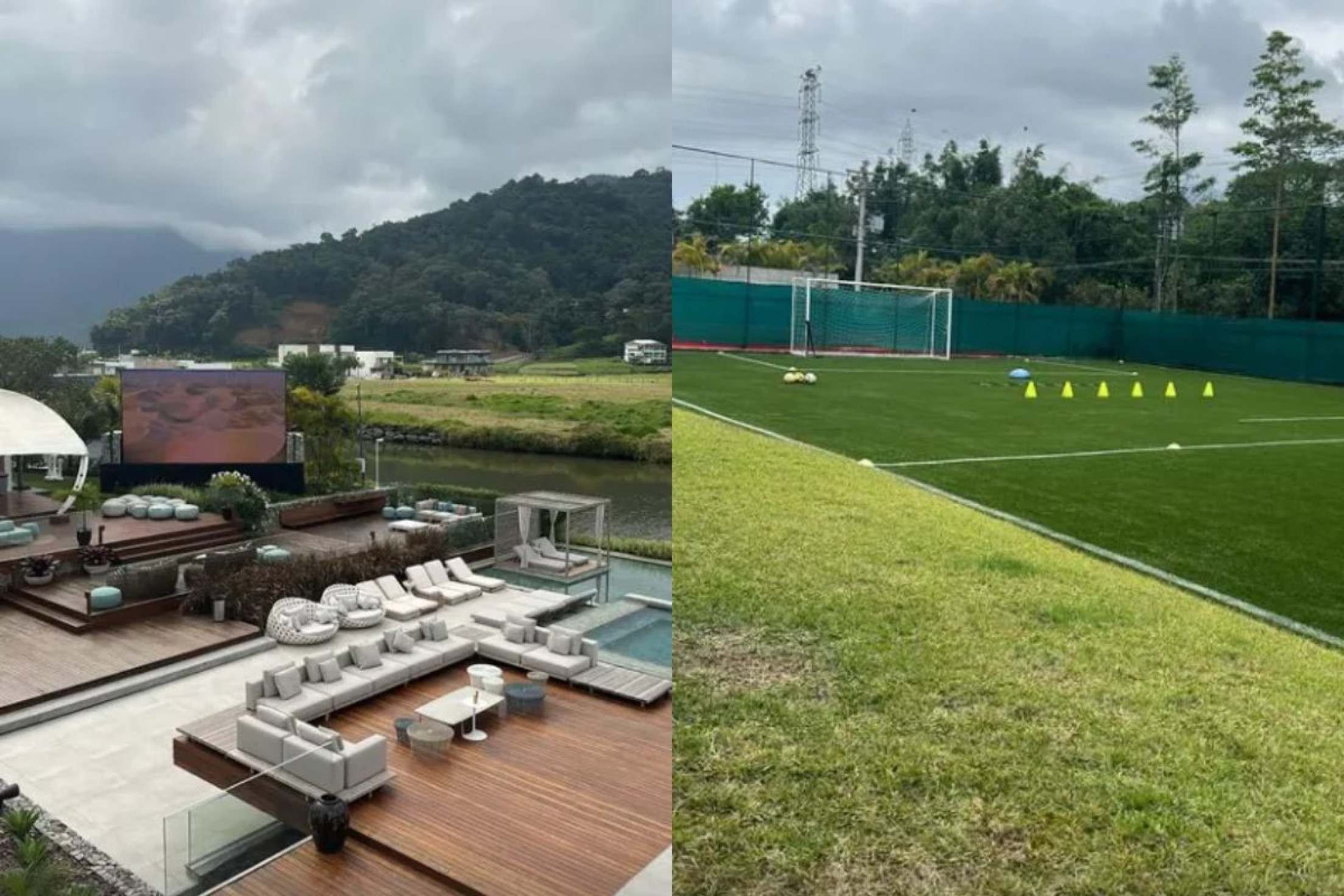 Ao lado esquerdo uma área de lazer e ao lado direito um campo de futebol, ambos os lugares em uma das mansões de Neymar em Mangaratiba 