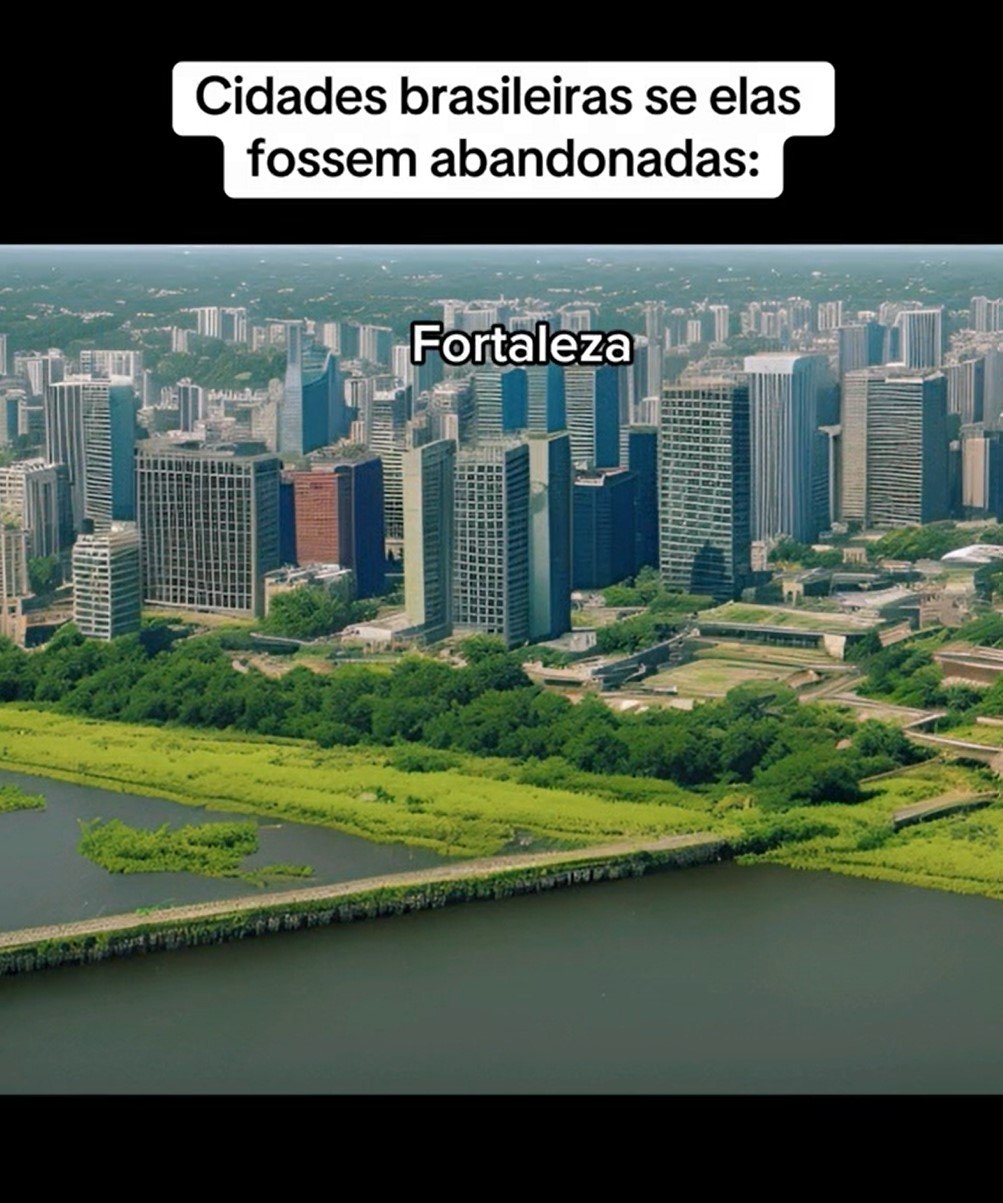 Com auxílio da Inteligência Artificial (IA), o mar escurece, enquanto a areia é tomada pela alta vegetação. Ao fundo, os prédios se tornam lugares escuros e sem condições de moradia.