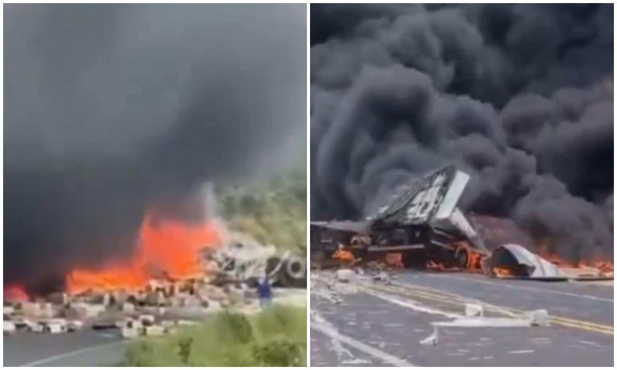 Ap&oacute;s a batida, uma das carretas pegou fogo, o que levou &agrave; interdi&ccedil;&atilde;o da BR-251, em Francisco S&aacute;, no Norte de Minas Gerais. -  (crédito: Redes Sociais / Reprodu&ccedil;&atilde;o)