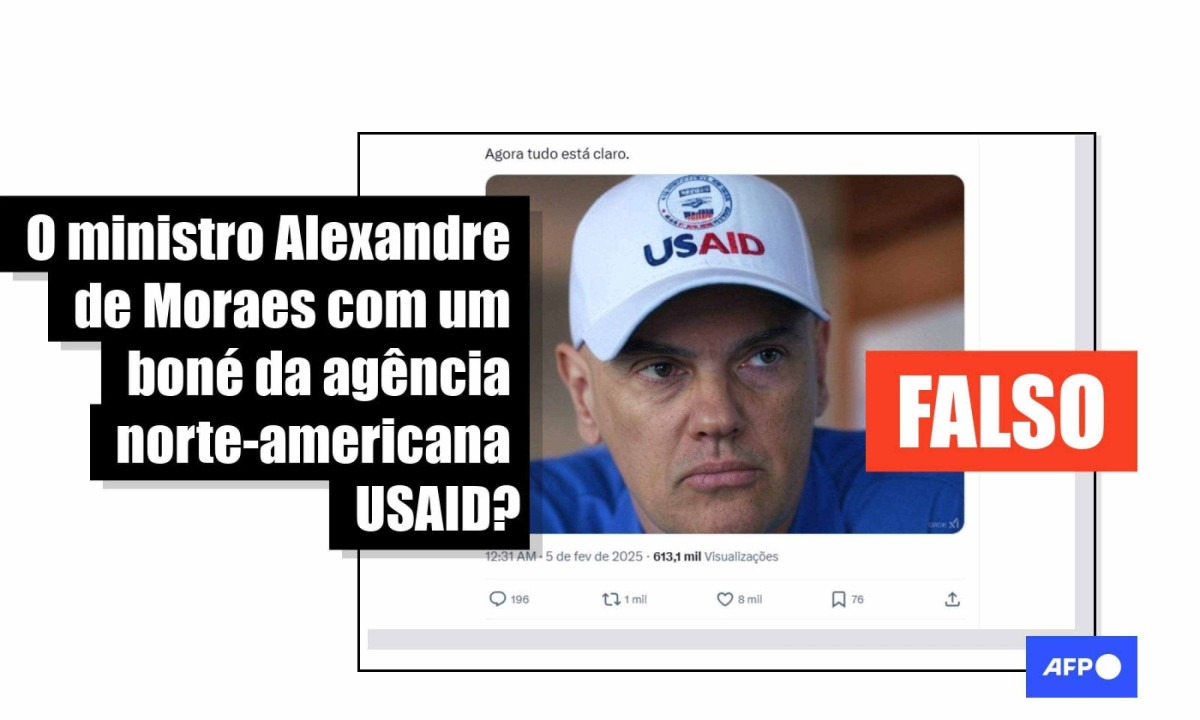 Ministro do STF Alexandre de Moraes usa boné da Usaid em imagem gerada por IA -  (crédito: Imagem gerada por IA, em montagem da AFP para afirmar que ministro não usou o boné)