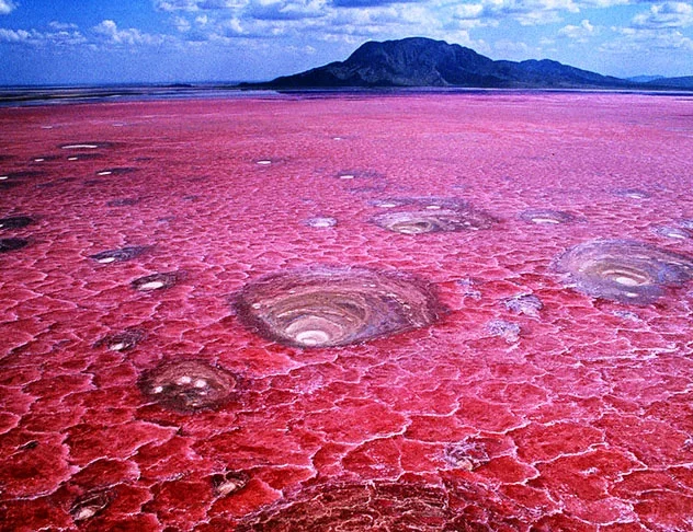 Lago Natron (TanzÃ¢nia) - Lago salgado que coloraÃ§Ã£o rosa por causa do grande volume de natrÃ£o, um mineral formado por carbono de sÃ³dio. O lugar Ã© tÃ³xico para a maioria dos animais e os seres humanos. Mas Ã© um habitat de flamingos. 