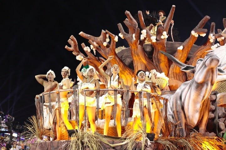 Em Cima da Hora - Esta escola do bairro Cavalcanti, da Zona Norte do RJ, carrega as cores azul-pavão e branco. Será a 7ª escola a desfilar com o enredo 