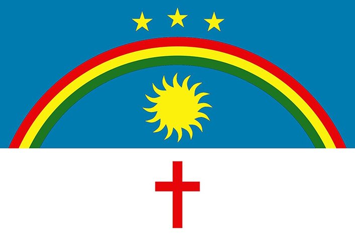 Pernambuco (PE) - Adoção: 23 de fevereiro de 1917. Representação: O arco-íris simboliza a união, o sol o progresso, e a cruz remete à luta dos pernambucanos.
