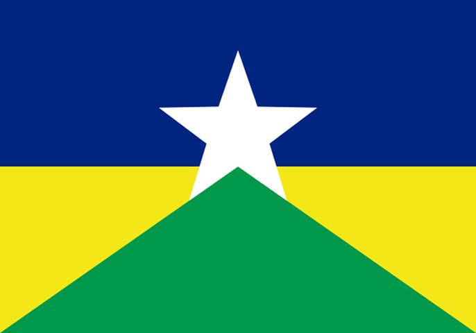 Rondônia (RO) - Adoção: 31 de dezembro de 1981. Representação: O azul simboliza o céu, o verde as florestas, e a estrela amarela a capital, Porto Velho.