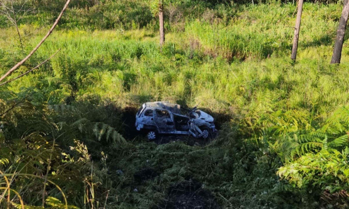Carro caiu em ribanceira e foi destruído pelo fogo -  (crédito: CBMMG)